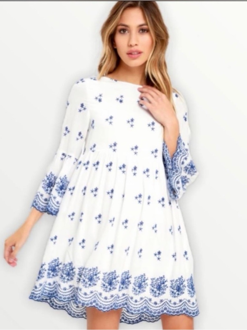Lulu's White Dress with Blue Border Print